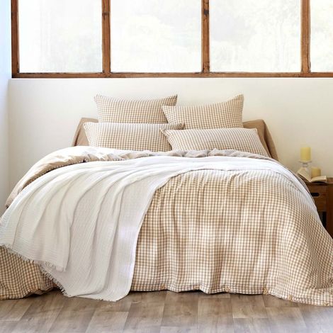 Housse de couette réversible 200x200cm gaze de coton vichy ficelle - JOEL (1/4)