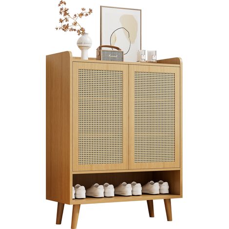 Armoire à chaussures rotin naturel, 2 portes, 5 étagères, meuble de rangement entrée. Poignées bois, pieds massifs. Dimensions : L80 x H105 x P35 cm