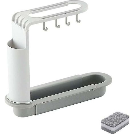 Support de Rangement pour évier télescopique, égouttoir à Vaisselle réglable, Panier de Drainage d'évier de Cuisine avec éponge de Nettoyage (Gris) (1/5)