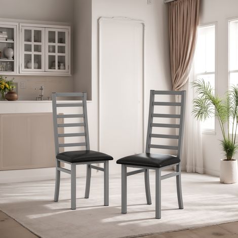 Metal Dining Chairs Set of 2, Steel Legs and PU Leather Seats, High Back Armless Dining Chairs, for Kitchen, Living Room, Grey