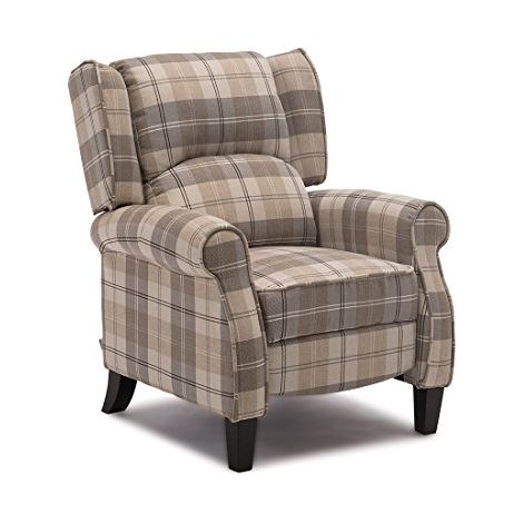 EATON WING BACK FIRESIDE CHECK FABRIC RECLINER ARMCHAIR SOFA LOUNGE CINEMO CHAIR BEIGE