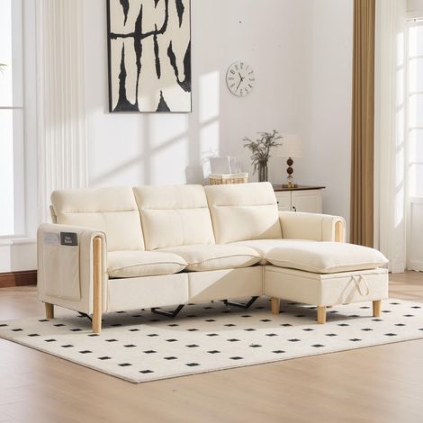 Divano angolare 3 posti, divano modulare reversibile con pouf contenitore, stile scandinavo in tessuto ciniglia, 201x77x86 cm, beige (1/5)