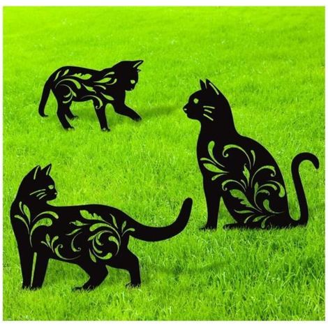 Set of 3 black cat silhouette metal garden statues, decorative stakes for yard, animal figurines for outdoor decor.
