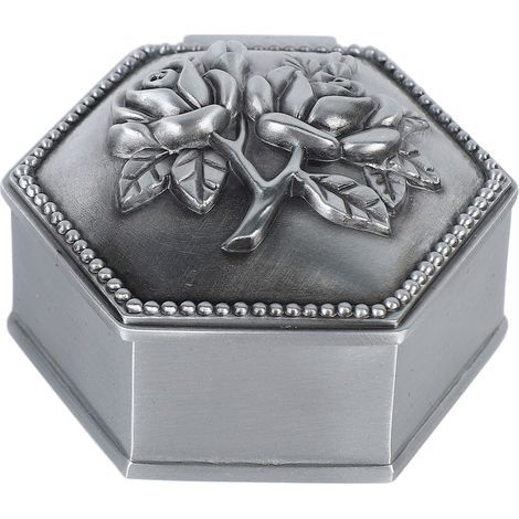 Boîte à bijoux hexagonale en métal style vintage européen avec motif 3D rose élégant pour rangement de petits objets (1/5)