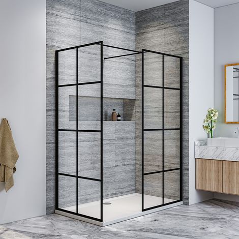 ELEGANT 760mm Walk in Shower Door Wet Room, 700mm Side panel, Reversible Shower Screen Panel 8mm Safety Glass, Matte Black Walkin Shower Enclosure Cubicle with 1200x700mm Shower Tray (1/5)