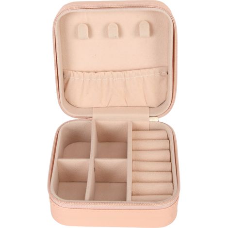 Boîte à bijoux rose en cuir PU résistant et élégant, fermeture éclair lisse, grande capacité pour bagues, boucles d'oreilles et colliers. (1/5)