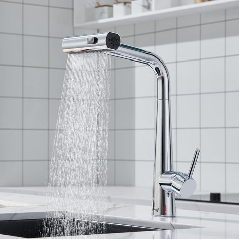 Küchenarmatur mit Ausziehbrause, Küchenmischer mit 3 Strahlarten, 360° schwenkbarer Spültischhahn aus Edelstahl, verchromt, Kalt- und Warmwasseranschluss (1/5)