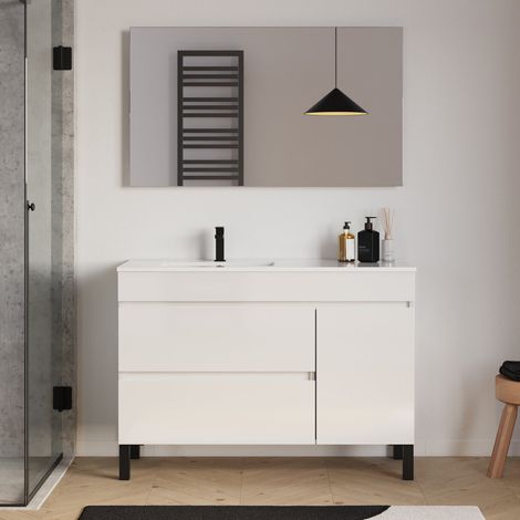 Meuble de salle de bain 120cm sur pieds avec vasque déportée à gauche avec porte et tiroirs - blanc brillant - LAZARO (1/5)