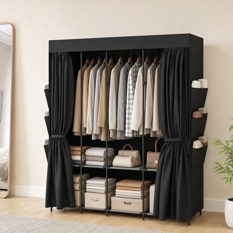 Armoire gain de place en tissu avec 3 tringles, 3 étagères, 6 poches latérales, portes anti-poussière zippées, noire (1/5)