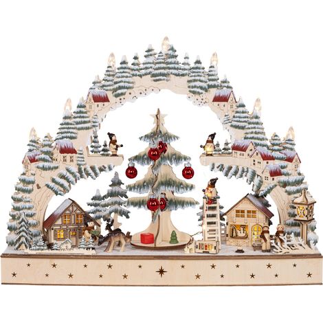 HGD LED-Schwibbogen Weihnachtsdorf mit drehenden Weihnachtsbaum & Timer 10-flammig 50 x 38 cm warmweiß natur/bunt
