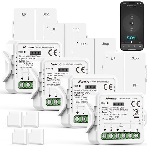 Module Interrupteur Volet Roulant Connecté Avec RF Télécommande, Module Relais De Commande De Volet Roulant Wifi Avec Fonction Pourcentage, 4 Packs (1/5)