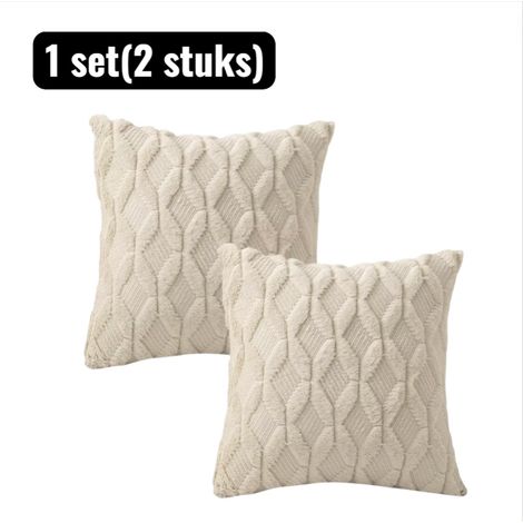 Lot de 2 housses de coussin en velours brodé 45 x 45 cm avec motif à carreaux moderne pour canapé et fauteuil blanc cassé (1/5)
