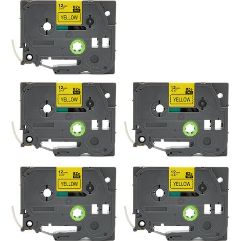Lot de 5 rubans pour étiqueteuse, noir sur jaune, 2 mm, TZE231, adhésif puissant, laminés, compatibles avec Ptouch. (1/5)