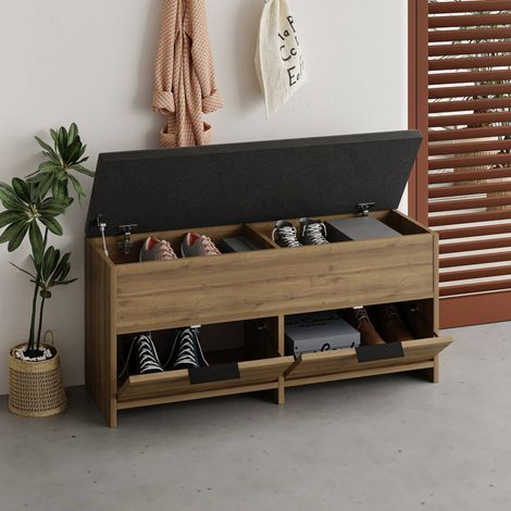 Zapatero Tapah, Mueble para 8 Pares, 3 Puertas, 4 Compartimentos, 106x34x50h cm Roble Marrón (1/4)