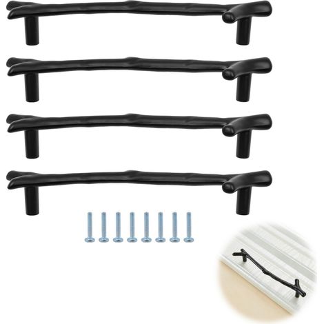 Lot de 4 poignées de porte, d'armoire et de tiroir, noir mat, en forme de branche, espacement des trous de 128 mm, boutons pour tiroirs, armoire ect (1/5)