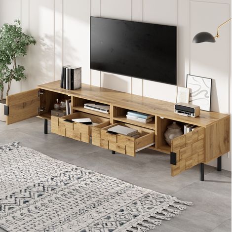 Mueble TV 160x35x42,5 cm natural y negro con 2 puertas, 2 cajones y 2 huecos (1/5)