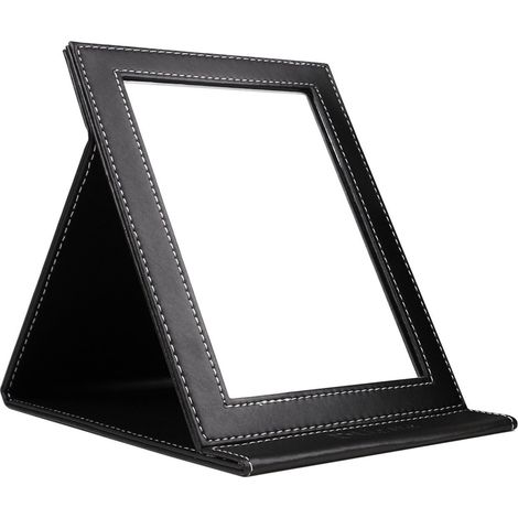 Miroir de voyage portable et pliable, réglable, rectangulaire, miroir de vanité en PU ultra-mince avec support, adapté aux voyages, au camping et à la maison. (1/5)