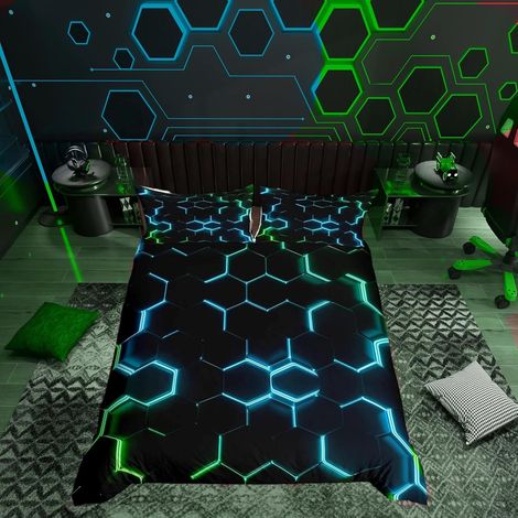 Parure de lit avec housse de couette 135 x 200 cm, motif nid d'abeille, motif hexagonal, style moderne, pour enfant, garçon, adolescent, vert sarcelle et noir (1/5)
