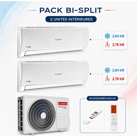 Ariston Group – Climatisation bi-split 2 unités Alys Net 25 – Unité extérieure DUAL 50 – 2,5 kW par unité – Fonction silence jusqu’à 20,5 dB(A) (1/5)