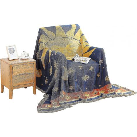 Couverture décorative tissée 100 % coton, serviette de canapé, housse chaude en coton, 130 x 180 cm (soleil, lune, étoiles) (1/5)