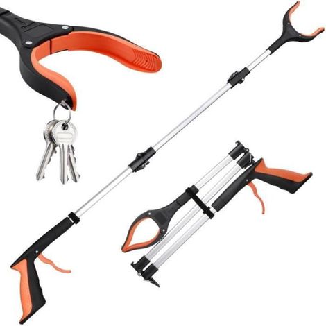 Outil de ramassage pliable, 109 cm, équipé d'une tête magnétique et d'une pince rotative, orange. (1/4)