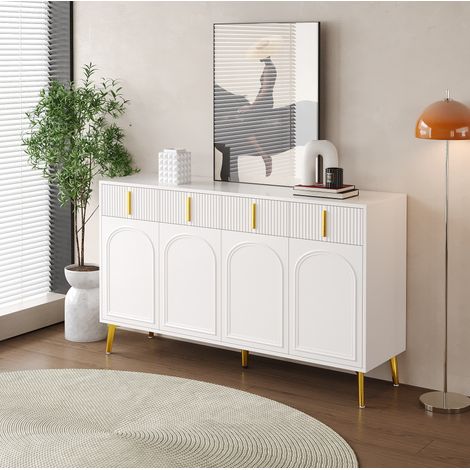 Aparador blanco, aparador de salón con manijas y patas doradas, 4 puertas, 4 cajones, con estratificado removible, para salón y comedor (1/5)