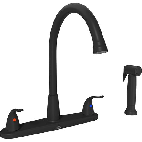 Robinet de cuisine de 20 cm avec douchette, noir mat, double poignée, montage sur plage (plaque de montage incluse) (douchette latérale incluse) (1/4)
