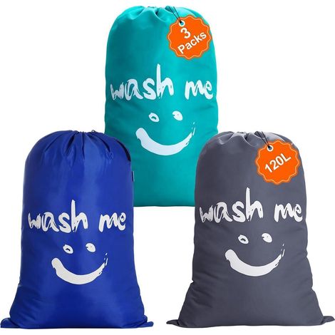 3er Set Wäschesäcke 120L mit Kordelzug, staubdicht, Nylon, Blau/Dunkelgrau/Marineblau (1/5)