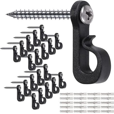 Crochet Accroche-Lumières - Vis Inox et Crochet Nylon - Pour Guirlandes Extérieures Intérieures - Charge Maximale 9 kg - Noir - 20 Pièces (1/5)