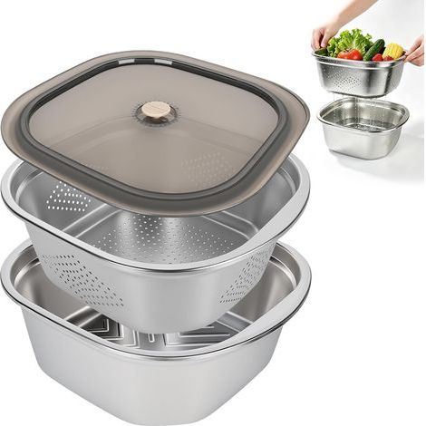 Scolapasta in acciaio inox - 4600 ml - scolapasta di 28 cm di diametro con ciotole e coperchio in acciaio inox - Ciotola per riso per spaghetti, insalata, pasta, frutta, riso (1/5)