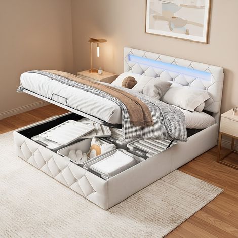 Lit Coffre 160x200 cm avec Sommier,Lit Double Capitonné avec LED,Cadre de Lit,Coffre de Rangement,tête de lit réglable,Velours,Beige