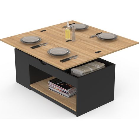 Rechteckiger, aufklappbarer Couchtisch, umwandelbar in einen Esstisch ELEA schwarzes Holz und Buchenholzoptik