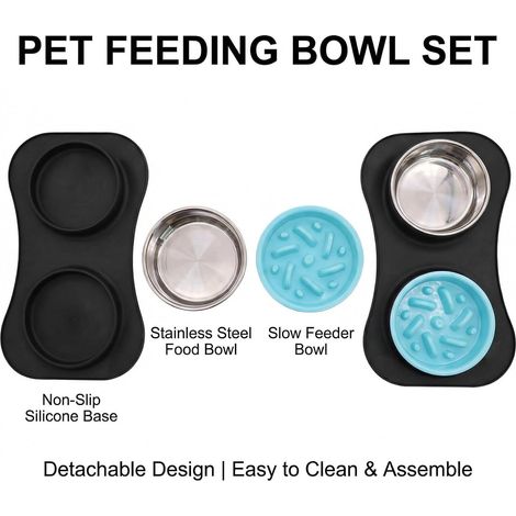 Set di ciotole per cani 3 in 1: ciotola doppia in acciaio inossidabile da 40,6 x 28 x 5 cm, ciotola in silicone, ciotola antigoccia, tappetino in silicone antigoccia per cibo e acqua. (1/5)