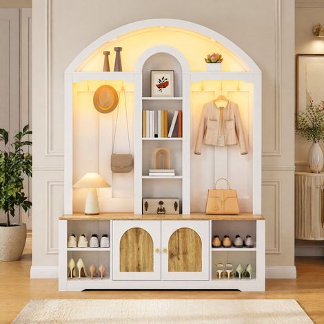 Armoire d’entrée 150x40x195 cm avec étagères, crochets et range-chaussures, blanc, MDF FloraGrace (1/5)