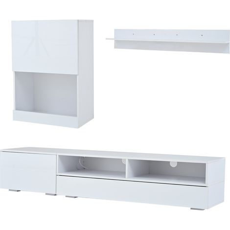 Ensemble meuble TV blanc laqué avec LED – meuble TV 175x39x34 cm, armoire murale 55x32x77 cm et étagère murale 120x13,5x20 cm (1/5)