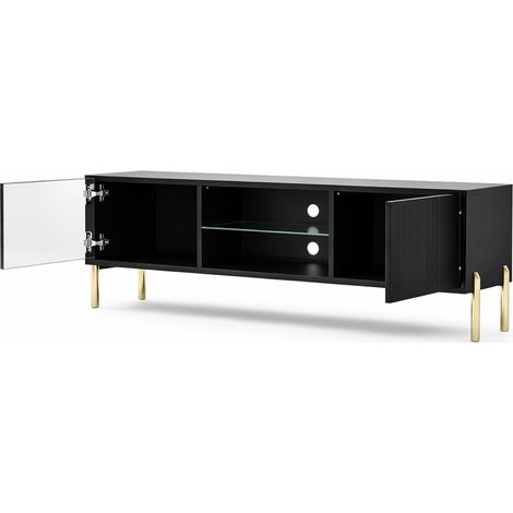 Mobile Porta TV In Melaminico Con 2 Ante Battenti Vano Centrale A Giorno Con Ripiano In Vetro E Passacavi Posteriori Per Soggiorno Living Moderno 135 X 31 X 47 Cm Nero (1/5)