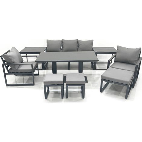 Fimous 8 Seater Aluminium Outdoor Garden Furniture Set with Adjustable Rising Lifting Dining Table 3 Seater Sofa 2 Chair 3 Footstool 2 Side Tables Dark Grey (1/5)
