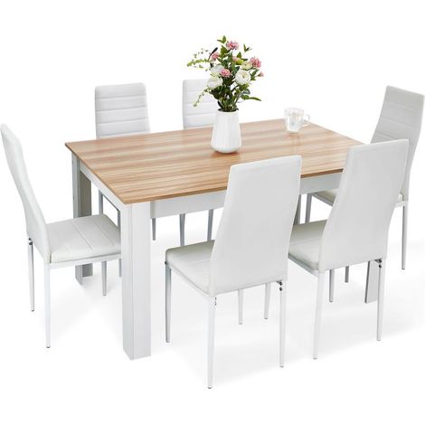 Mondeer – Ensemble table et chaises 6 chaises – Table à manger en bois de pin – Dimensions 138x90x75 cm – Couleur chêne et blanc – Dossier haut ergonomique