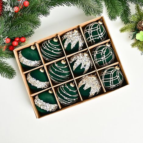 Set mit 12 Samt-Weihnachtskugeln – beflockte Samtornamente für den Weihnachtsbaum – unzerbrechliche hängende Weihnachtskugeln für Zuhause – Feiertage – Hochzeiten und Dekoration (grün) (1/4)