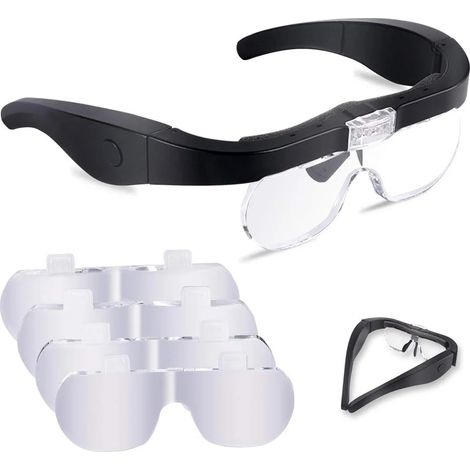 Lunette Loupe avec 2 LED, Frontale Grossissantes Casque Loupe Mains Libres avec 4 Lentilles Amovibles pour Lecture, Bijoutier, Couture, et Bricolage (1.5X-5X)