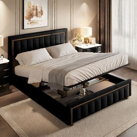 Lit coffre 160x200 cm - TANANT - Velours noir - Rangement hydraulique - Design moderne - 2 places (1/5)