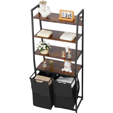 Mophorn Cesto de Ropa Sucia de 4 Niveles, Clasificador con Estantes y Ganchos, Organizador Independiente de 2 Secciones con Bolsas de Tela Oxford 600D y Estantes Escalonados para Ropa, Color Negro