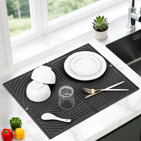 Tapis Égouttoir Vaisselle Silicone, Grand Tapis Vaisselle Absorbant pour Cuisine, Tapis de Séchage Pliable, Tapis Evier Antidérapant, Résistant à la Chaleur, 51×41 cm (Noir) (1/5)