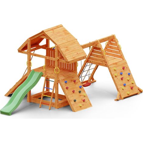 FUNGOO BUFFALO SPIDER, bac à sable,  rampe d'accés avec corde, 2 murs d'escalade, mur de corde, toboggan vert & accessoires de jeux, balançoire 1 siège (1/5)