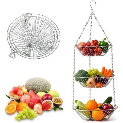 BUNTHAUS Panier Fruits et Légumes Suspendu H x D: 74 x 28 cm, Corbeille à Fruits Suspendue en Métal, Paniers à Fruits Suspendus à 3 Niveaux, pour Fruits Légumes Pain Plante, Argent (1/4)