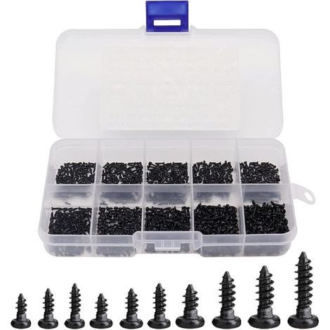 1000 Stück Mini-Rundkopf-selbstschneidende Kreuzschlitz-Holzschrauben M1 M1,2 M1,4 M1,7 Kreuzkopf-Holzschrauben-Sortiment, hochpräzise Mikroschrauben mit Kunststoffbox, Schwarz