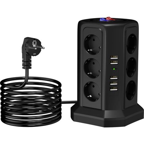 Multiprise 17 en 1 avec 5 USB, multiprise avec interrupteur, tour de prise 12 prises et rallonge de 1,8 m, pour bureau, cuisine, table (noir) (1/5)