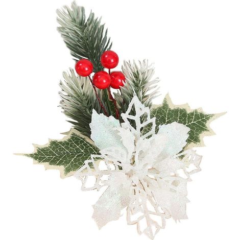Fleur Artificielle Poinsettia - Décoration Noël avec Aiguilles de Pin et Baies - Blanc - 10 Pièces (1/5)