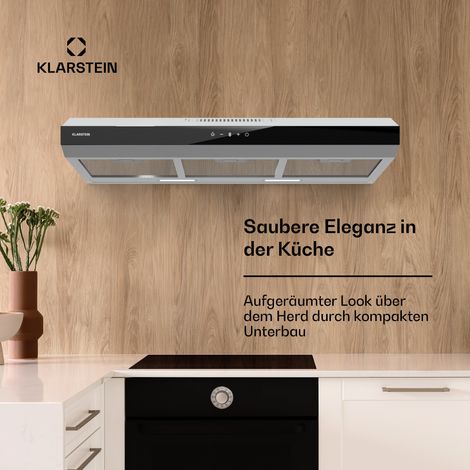 Klarstein Dunstabzugshaube, Abluft-Dunstabzugshaube 90cm, Dunstabzug mit Filter Spülmaschinenfest, LEDs & Touch-Bedienfeld, Leise Abzugshaube mit 175 m³/h Luftstrom, Effizienter Edelstahl-Dunstabzug