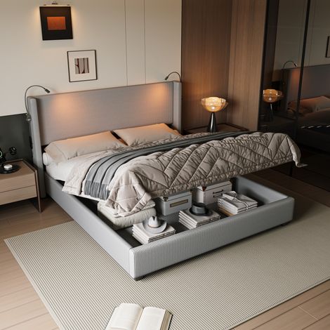 Cama 140 x 200 cm - Cama con canapé 140 y somier - Cabecero con lámparas de lectura LED y puertos USB - Modernidad - Terciopelo acanalado gris (1/5)